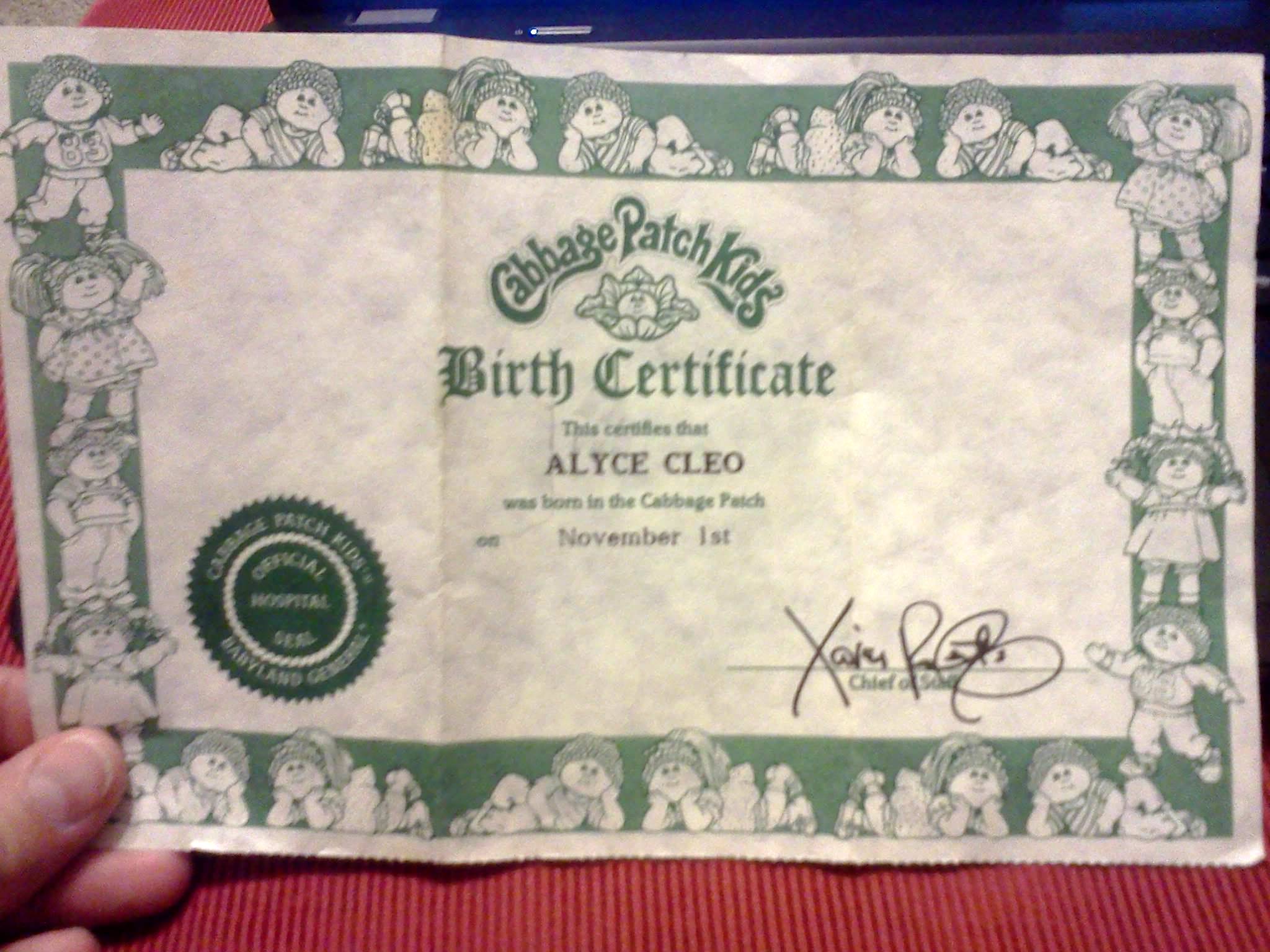 Cabbage patch birth certificate both sides print